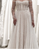 Romantic Bridal Gown Ball Gown Off The Shoulder White Tulle Pearls Floor Length Long Sleeves Wedding Dresses Minimalist Bridal Gowns HZ1121