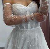 Romantic Bridal Gown Ball Gown Off The Shoulder White Tulle Pearls Floor Length Long Sleeves Wedding Dresses Minimalist Bridal Gowns HZ1121