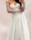 Romantic Bridal Gown Ball Gown Off The Shoulder White Tulle Pearls Floor Length Long Sleeves Wedding Dresses Minimalist Bridal Gowns HZ1121