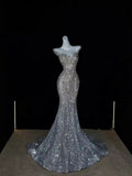 Sparkly Wedding Dress Mermaid Scoop Sequin Long Silver Corset Back Wedding Dresses Brides Dress Bridal Gowns HZ1121