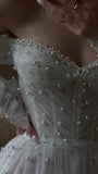 Romantic Bridal Gown Ball Gown Off The Shoulder White Tulle Pearls Floor Length Long Sleeves Wedding Dresses Minimalist Bridal Gowns HZ1121