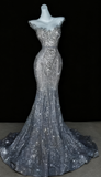 Sparkly Wedding Dress Mermaid Scoop Sequin Long Silver Corset Back Wedding Dresses Brides Dress Bridal Gowns HZ1121
