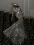 Retro Wedding Dress Mermaid Scoop Sequin Pearls Long Silver Wedding Dresses Bride Dress Bridal Gowns HZ1121