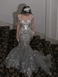 Retro Wedding Dress Mermaid Scoop Sequin Pearls Long Silver Wedding Dresses Bride Dress Bridal Gowns HZ1121