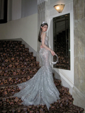 Retro Wedding Dress Mermaid Scoop Sequin Pearls Long Silver Wedding Dresses Bride Dress Bridal Gowns HZ1121