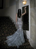 Retro Wedding Dress Mermaid Scoop Sequin Pearls Long Silver Wedding Dresses Bride Dress Bridal Gowns HZ1121