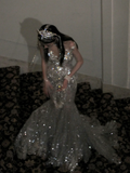 Retro Wedding Dress Mermaid Scoop Sequin Pearls Long Silver Wedding Dresses Bride Dress Bridal Gowns HZ1121