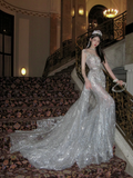 Sexy Wedding Dress Mermaid Scoop Sequin Pearls Long Silver Wedding Dresses Bride Dress Bridal Gowns With Train HZ1121