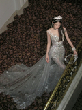 Sexy Wedding Dress Mermaid Scoop Sequin Pearls Long Silver Wedding Dresses Bride Dress Bridal Gowns With Train HZ1121