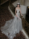 Sexy Wedding Dress Mermaid Scoop Sequin Pearls Long Silver Wedding Dresses Bride Dress Bridal Gowns With Train HZ1121