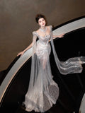 Sparkly Wedding Dress Mermaid Sequin Long Silver Wedding Dresses Brides Dress Bridal Gowns HZ1121