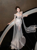 Sparkly Wedding Dress Mermaid Sequin Long Silver Wedding Dresses Brides Dress Bridal Gowns HZ1121
