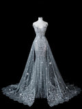 Sexy Wedding Dress Mermaid Sequin Beads Long Silver Wedding Dresses Bride Dress Bridal Gowns With Train HZ1121