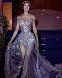 Sparkly Wedding Dress Mermaid Off The Shoulder Sequin Long Silver Slit Wedding Dresses Brides Dress Bridal Gowns HZ1121