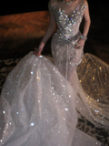 Sexy Wedding Dress Mermaid Sequin Beads Long Silver Wedding Dresses Bride Dress Bridal Gowns HZ1121